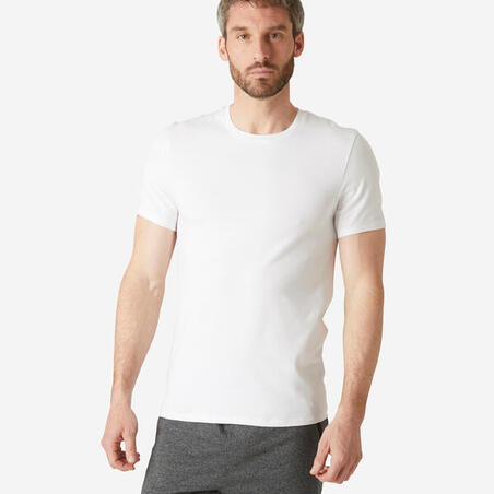 T-shirt fitness manches courtes slim coton extensible col rond homme blanc  - Decathlon