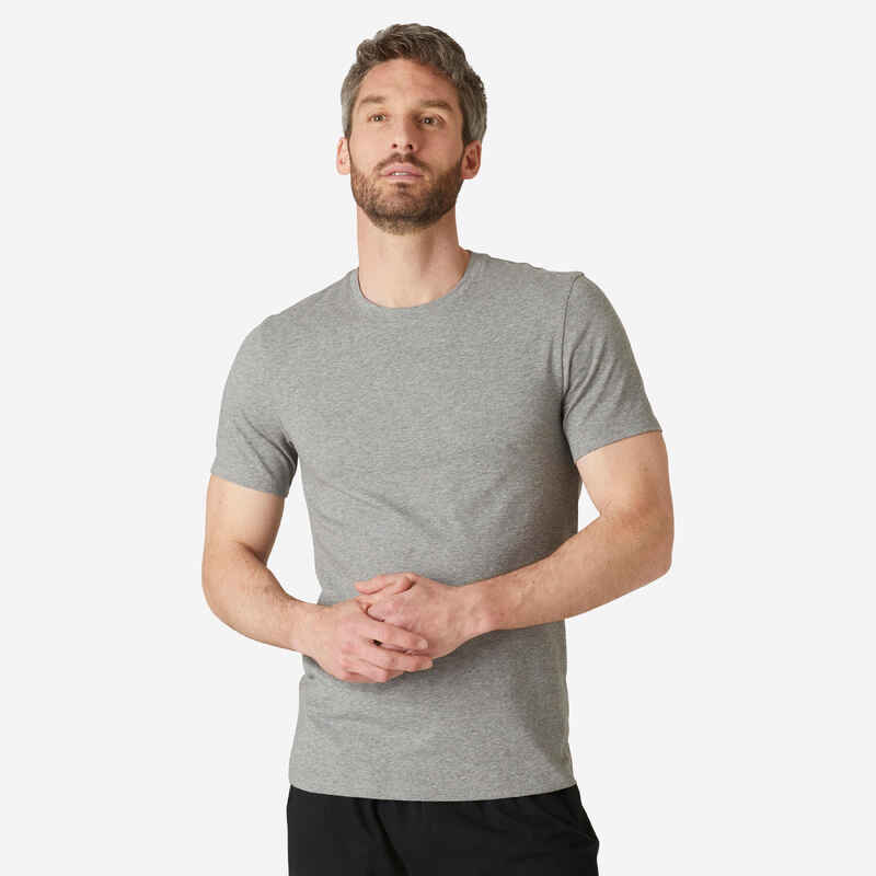 T-Shirt 500 Fitness Slim Baumwolle Rundhals Herren grau  Media 1