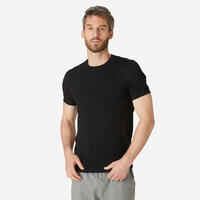 Men's Short-Sleeved Fitted-Cut Crew Neck Cotton Fitness T-Shirt 500 - Black