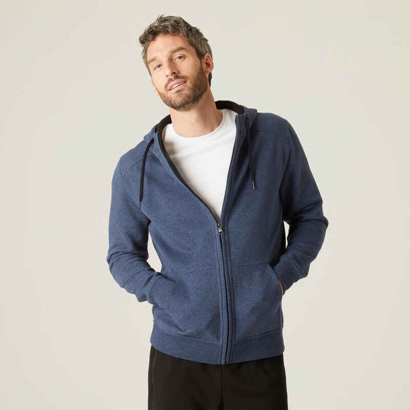 Men's Straight-Cut Zip Hoodie With Pocket 500 - Blue