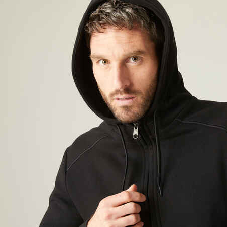 Men's Straight-Cut Zipped Hoodie With Pocket 500 - Black