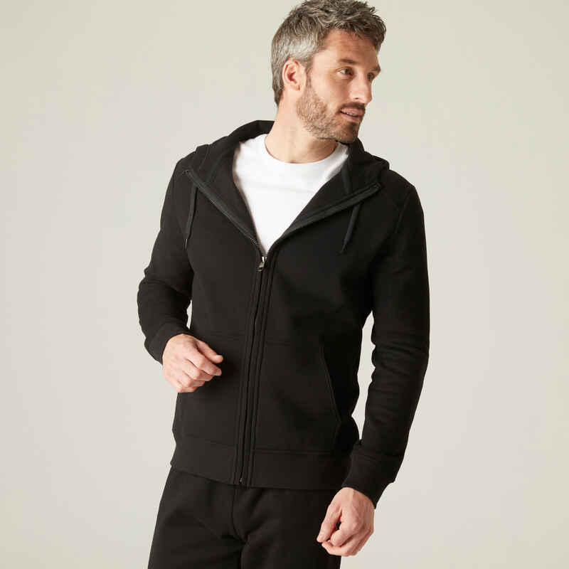 Men's Straight-Cut Zipped Hoodie With Pocket 500 - Black