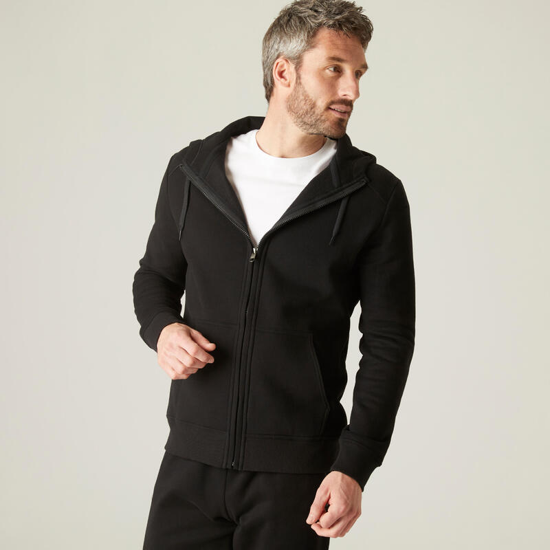 Sweat zippé à capuche col zippé droit homme avec poche - 500 Noir