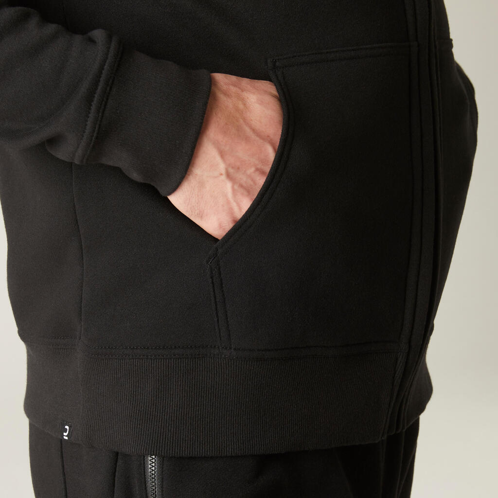 Sudadera de cierre con capucha cuello cierre recto para hombre con bolsillo - 500 color negro 