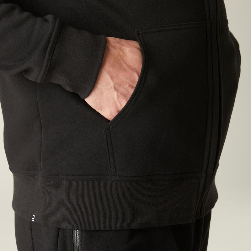 Sweat zippé à capuche col zippé droit homme avec poche - 500 Noir