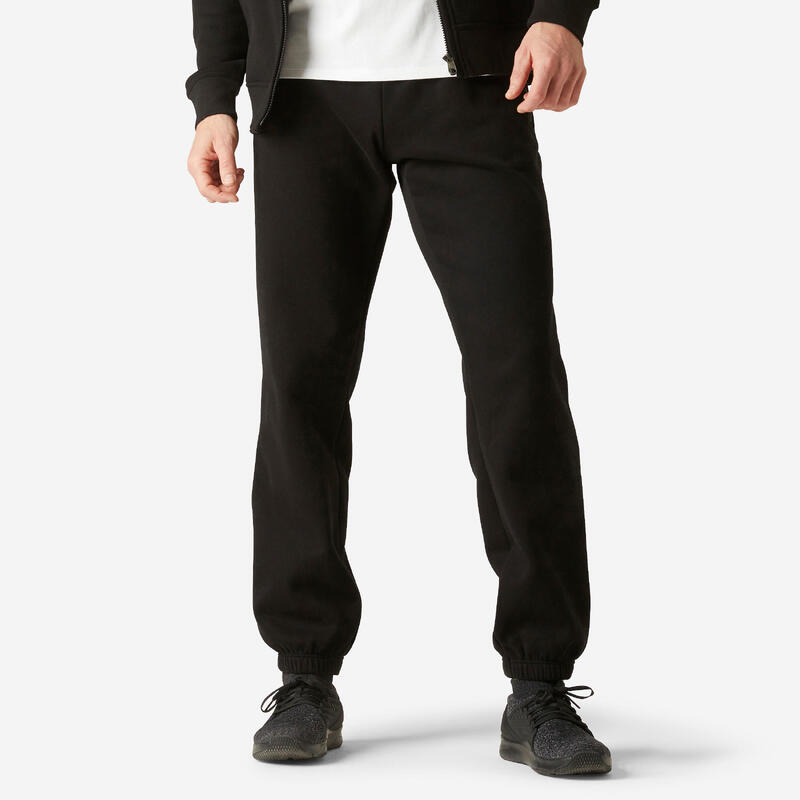 Pantaloni uomo fitness 500 regular misto cotone felpati tasca con zip neri
