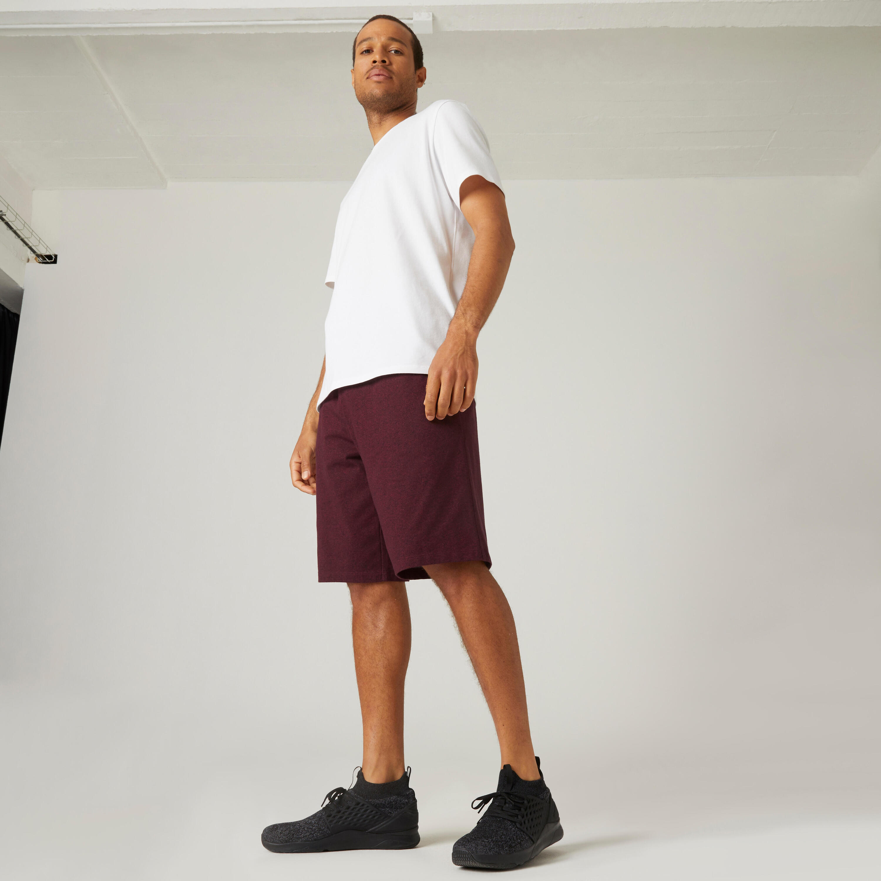 Fitness Long Stretch Cotton Shorts - Burgundy 3/6