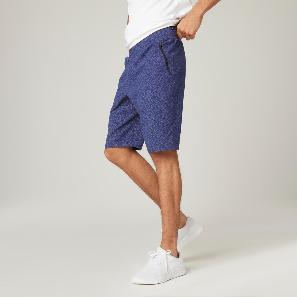 Fitness long slim-fit stretch cotton shorts with zip pockets - blue print