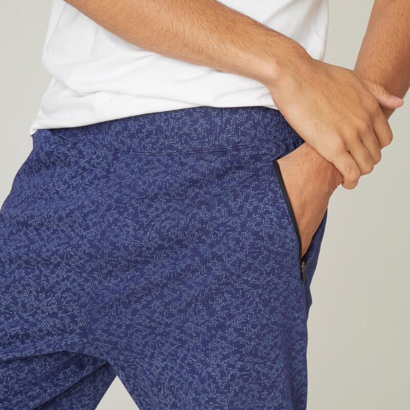 Short Coton Extensible Fitness Long avec poches zippées Slim Bleu avec Imprimé
