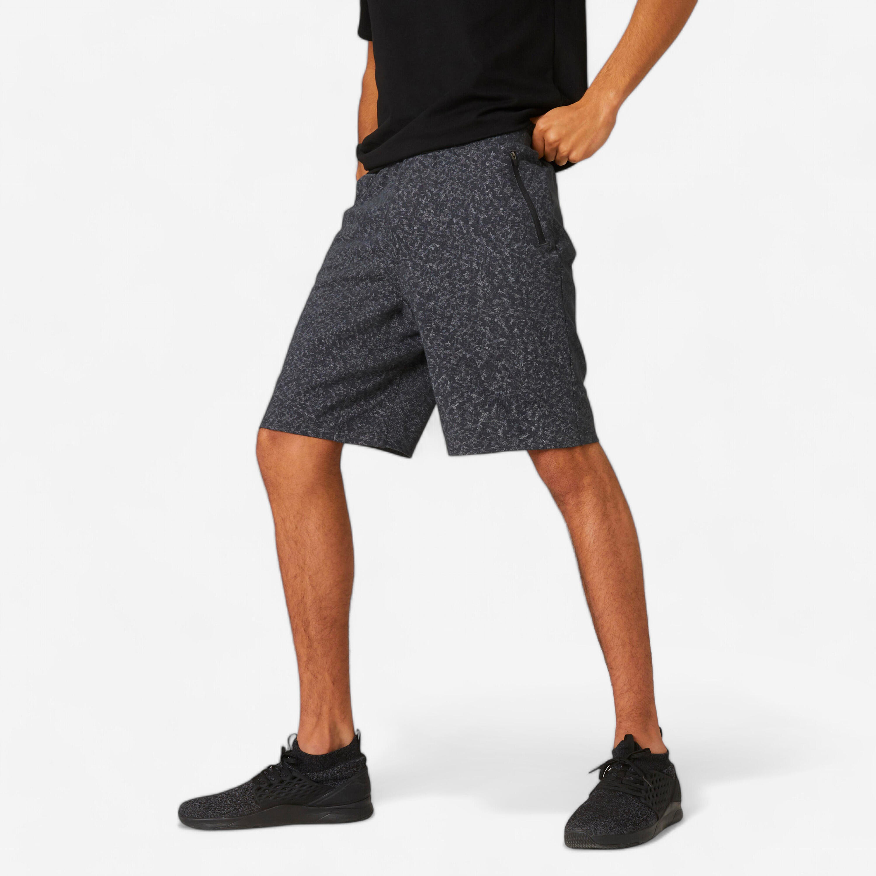 DOMYOS Pantaloncini uomo fitness 520 misto cotone tasca con zip grigi scuri