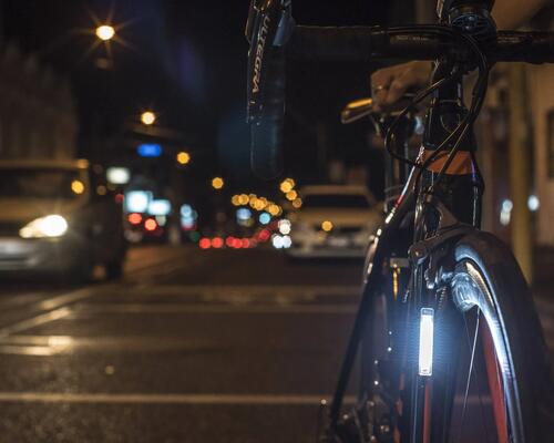 Bike with gleaming bike light at night