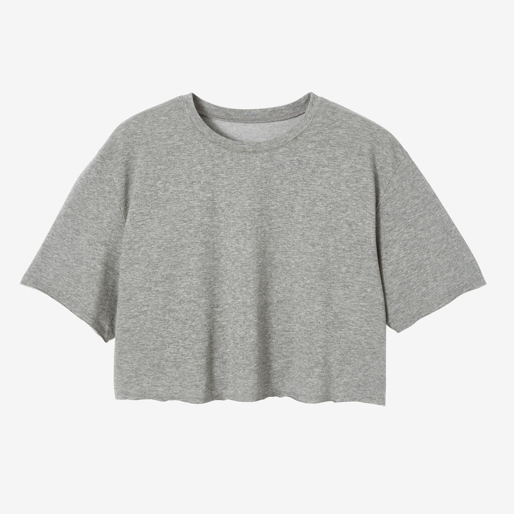 Women's Short-Sleeved Crew Neck Synthetic Cropped T-Shirt - Grey