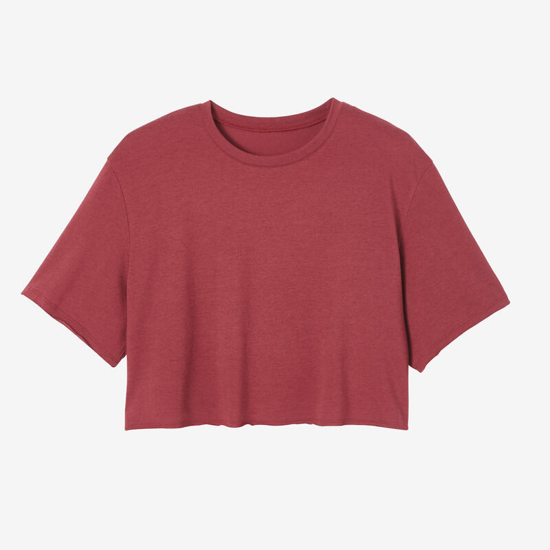 T-shirt Crop Top de Ginástica e Pilates Sintético Decote Redondo Mulher Bordô