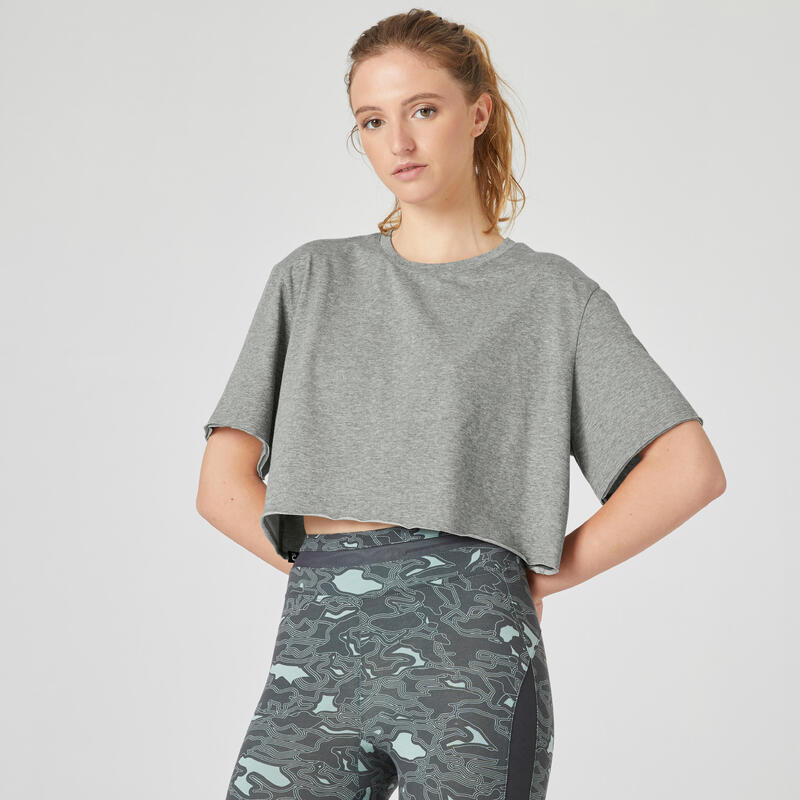 T-shirt crop top fitness manches courtes col rond synthétique femme - gris