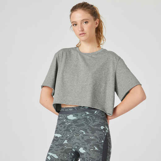 
      Women's Short-Sleeved Crew Neck Synthetic Cropped T-Shirt - Grey
  