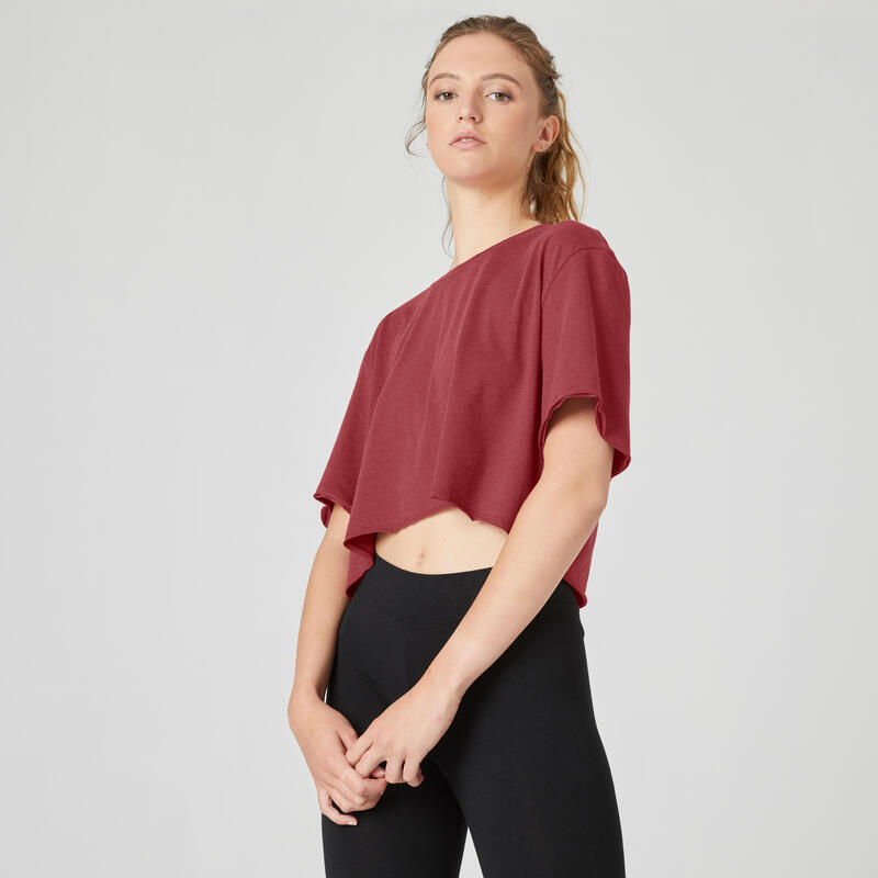 T-shirt fitness manches courtes crop top coton col rond femme bordeaux