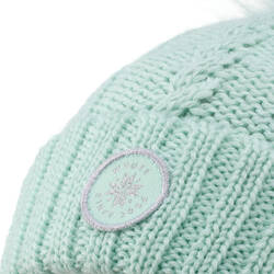 KIDS’ SKI HAT - CABLE-KNIT FUR WOOL - PALE GREEN 