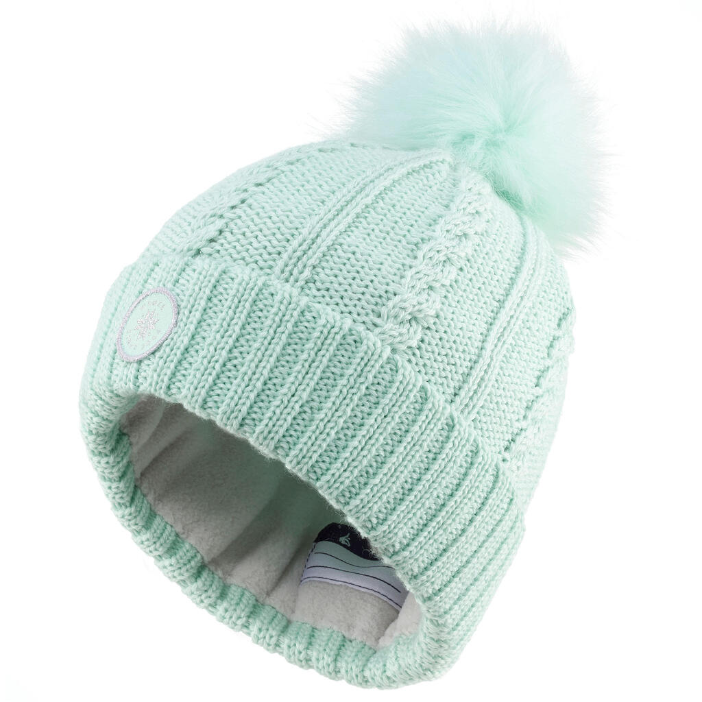 KIDS’ SKI HAT - CABLE-KNIT FUR WOOL - PALE GREEN 