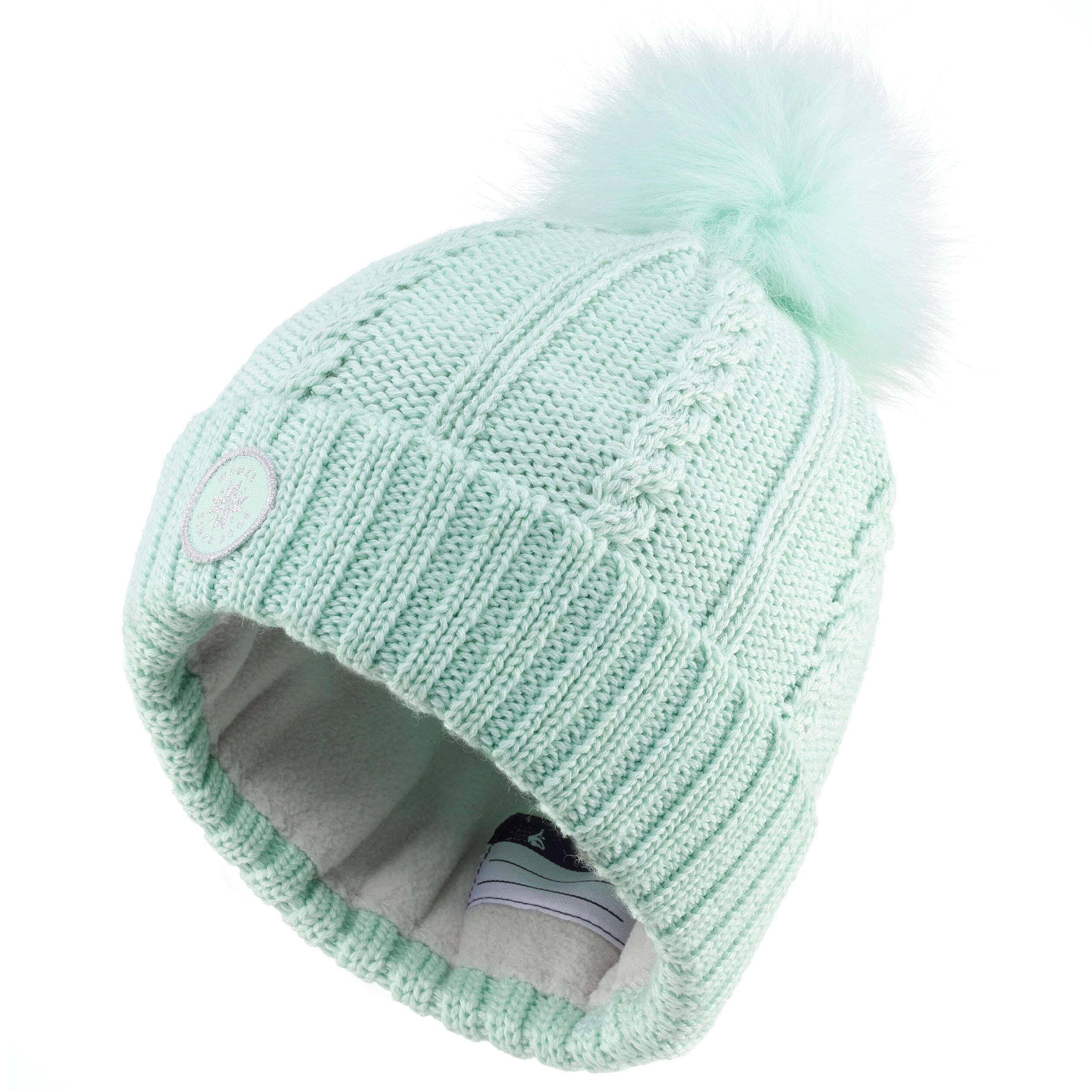 KIDS’ SKI HAT - CABLE-KNIT FUR WOOL - PALE GREEN  5/7