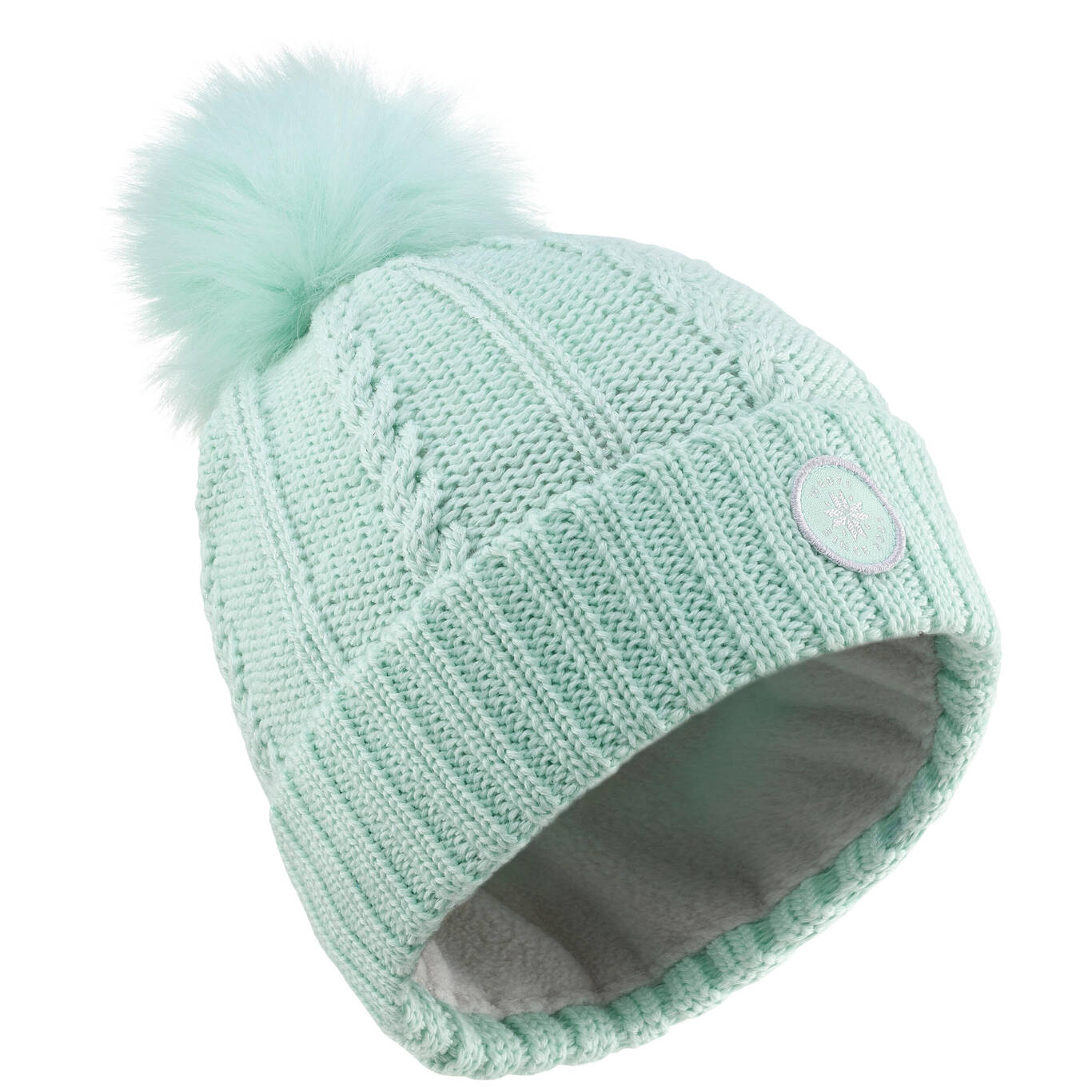 KIDS’ SKI HAT - CABLE-KNIT FUR WOOL - PALE GREEN 