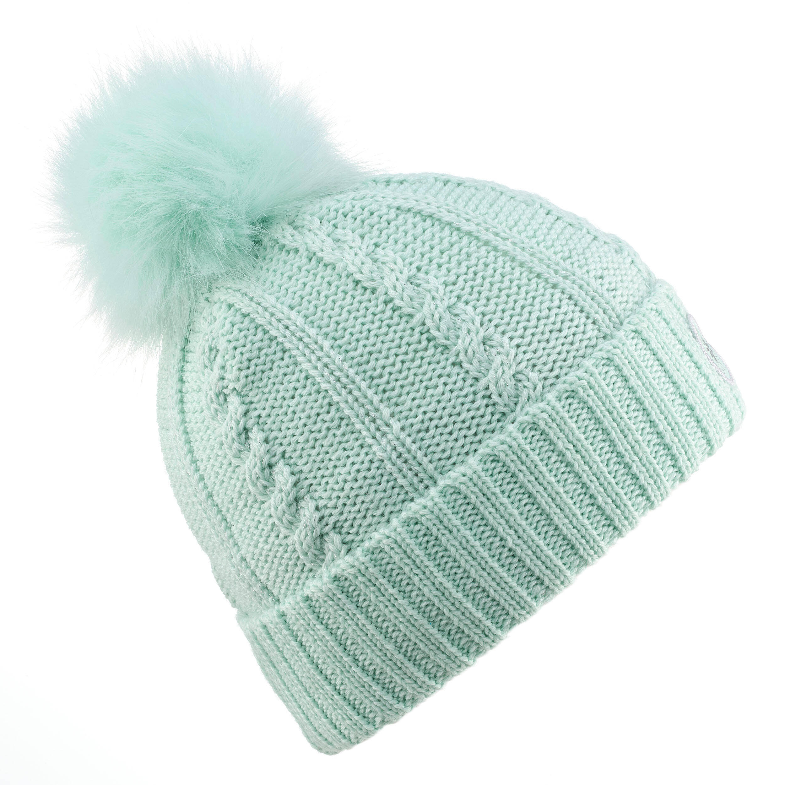 KIDS’ SKI HAT - CABLE-KNIT FUR WOOL - PALE GREEN  -  2