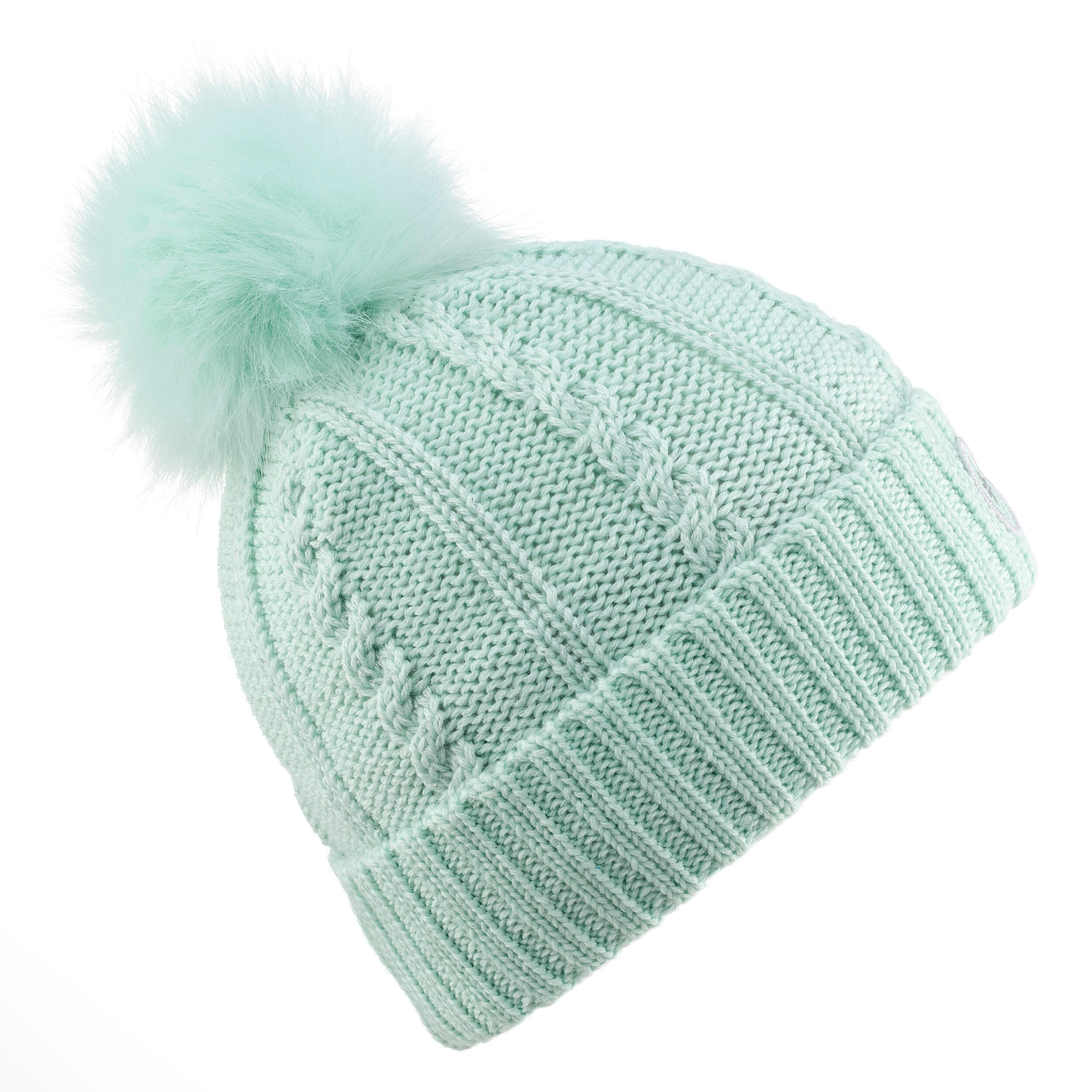 KIDS’ SKI HAT - CABLE-KNIT FUR WOOL - PALE GREEN  2/7