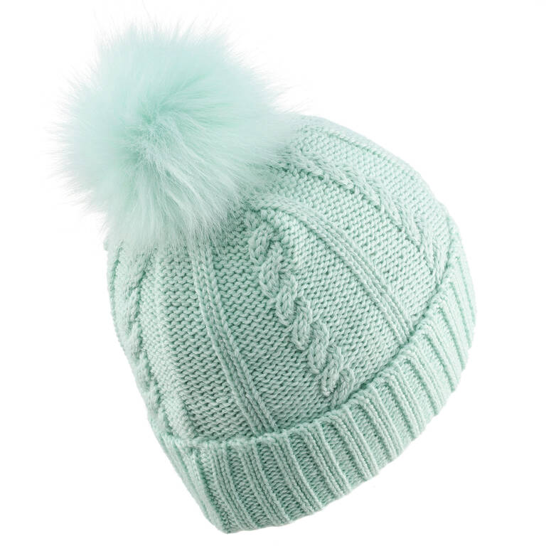 KIDS’ SKI HAT - CABLE-KNIT FUR WOOL - PALE GREEN 