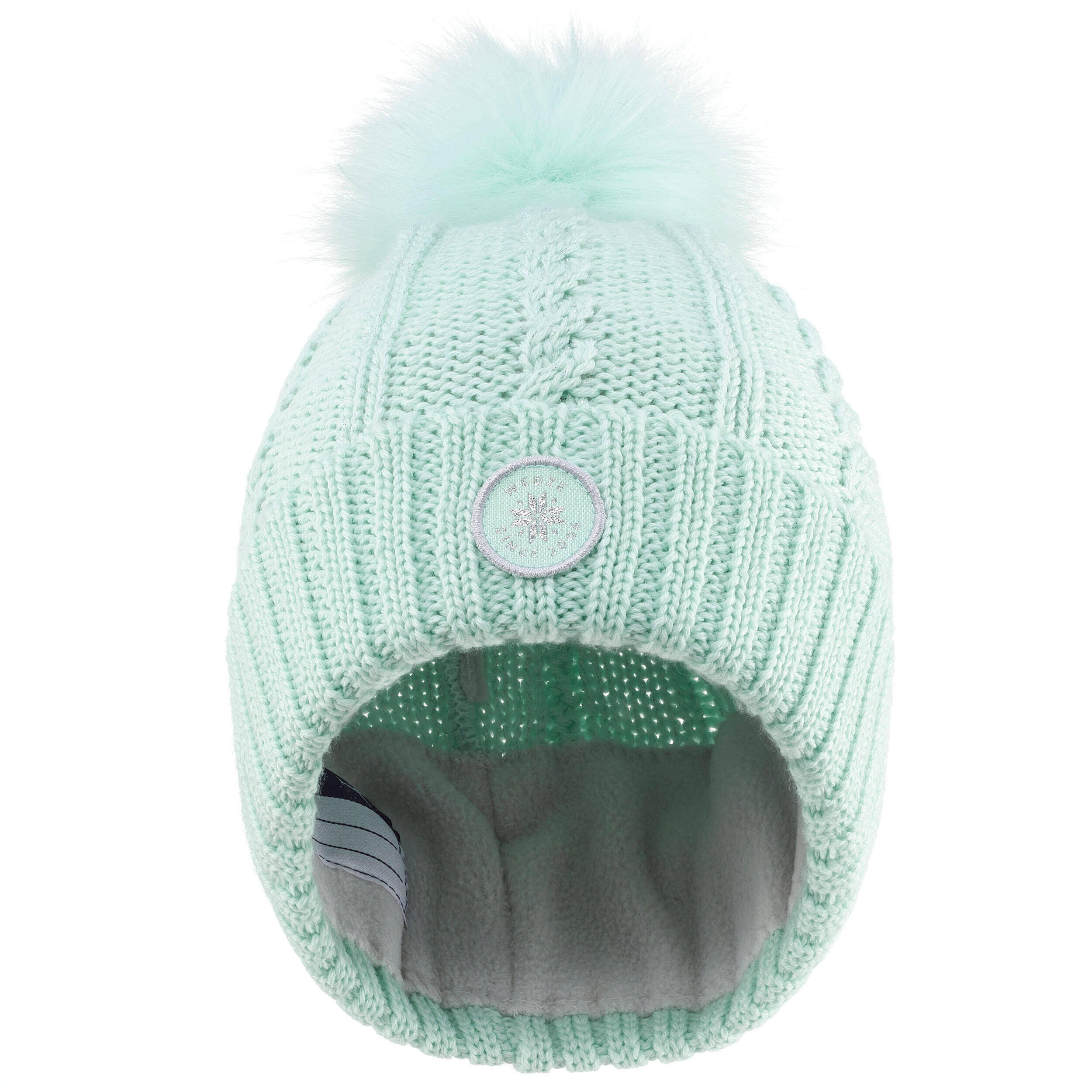 KIDS’ SKI HAT - CABLE-KNIT FUR WOOL - PALE GREEN  -  4