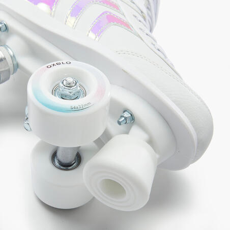 Коньки роликовые квады для детей белые QUAD 100 JR holographic
