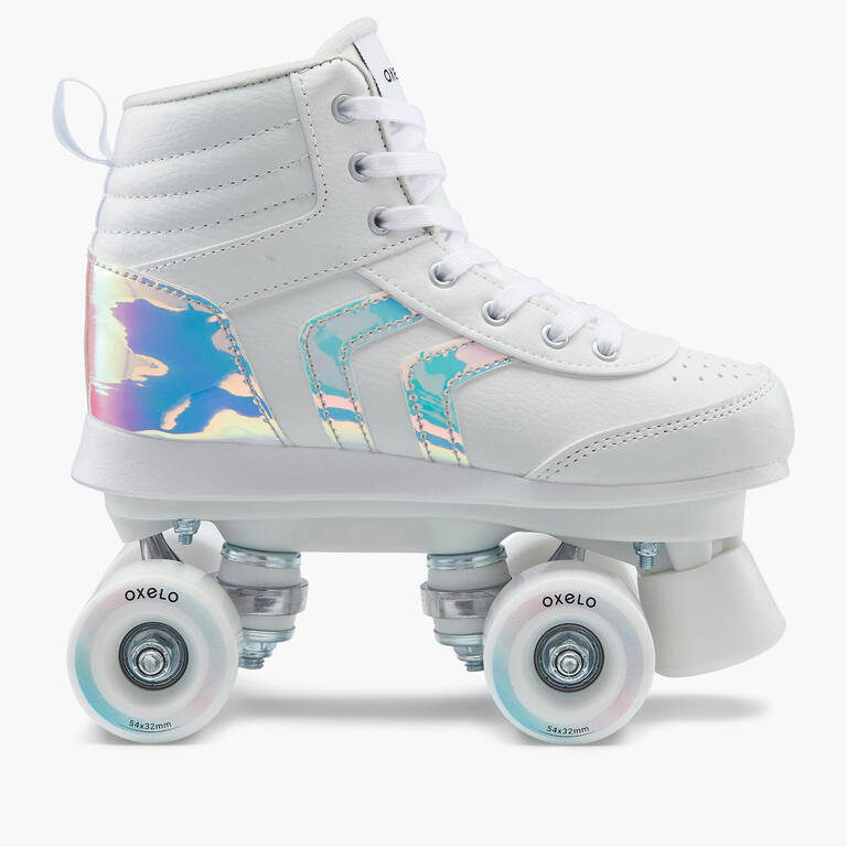 100 Jr Quad White Holographic Roller Skates - Oxelo
