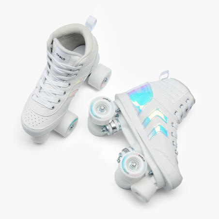 Коньки роликовые квады для детей белые QUAD 100 JR holographic
