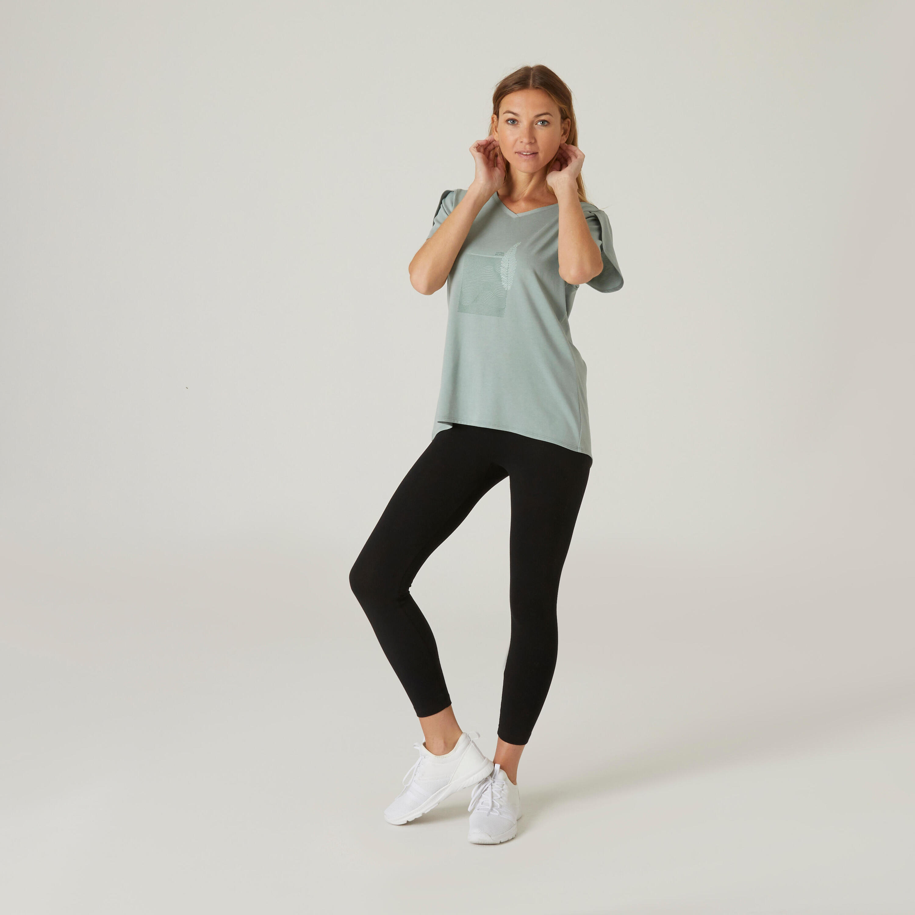 Women's Short-Sleeved Straight-Cut V-Neck Cotton Fitness T-Shirt 515 - Verdigris 3/7