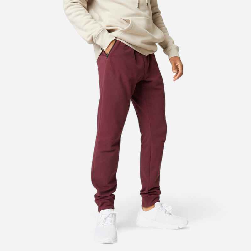 Fitness Slim-Fit Jogging Bottoms with Zip Pockets - Burgundy