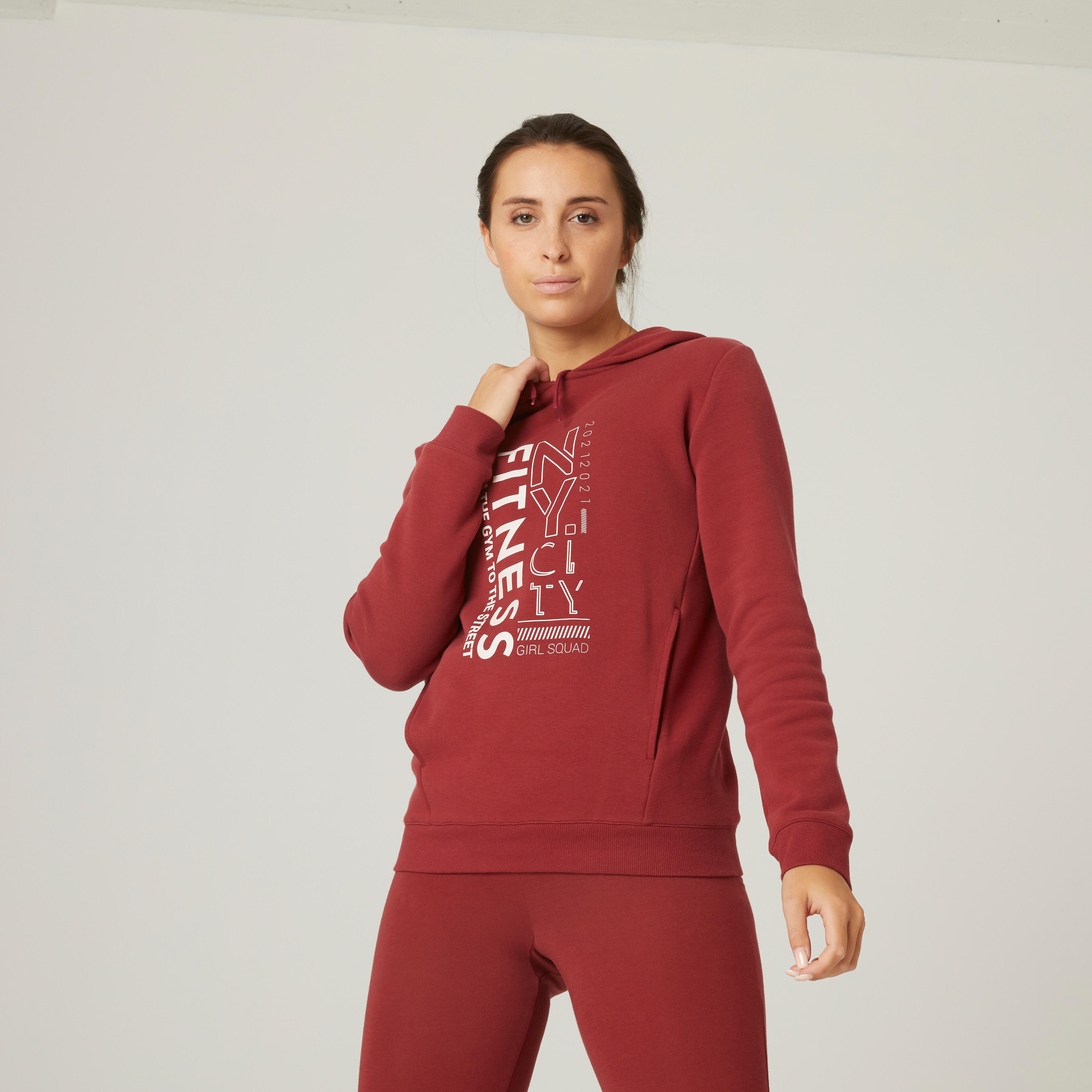Women's Cotton Fleece Gym Hoodie Sweatshirt - Burgundy - XS By DOMYOS | Decathlon