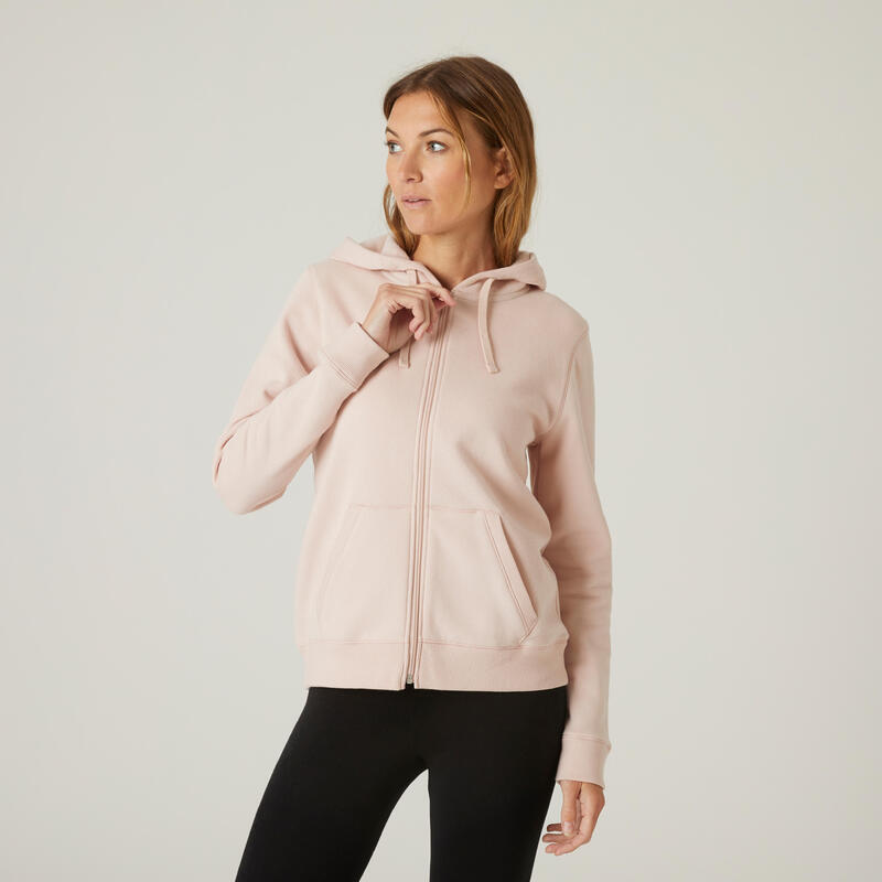 Women's Straight-Fit Crew Neck Zip Hoodie With Pocket 500 - Pale Pink