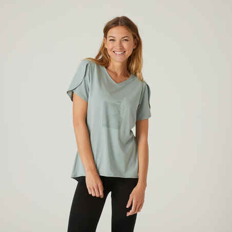 Women's Short-Sleeved Straight-Cut V-Neck Cotton Fitness T-Shirt 515 - Verdigris