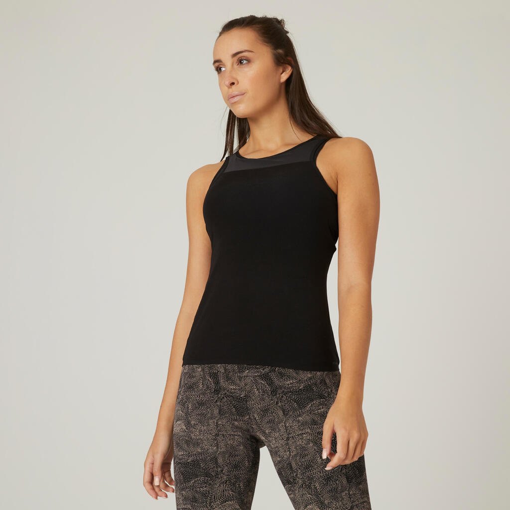Ženska crna majica za fitnes sa ugrađenim grudnjakom 900
