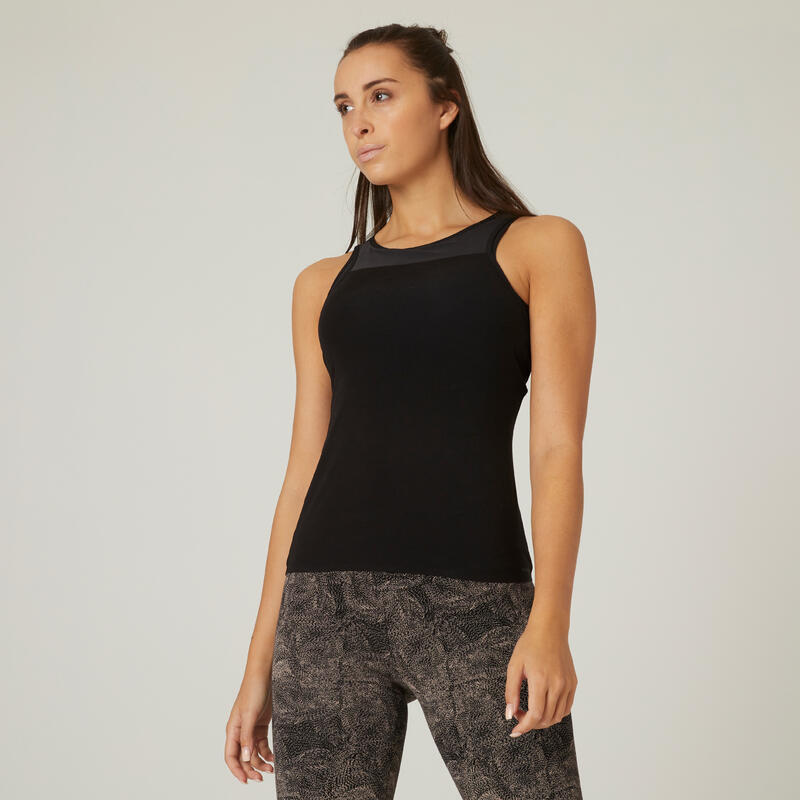 Donación Adolescencia camarera Camiseta fitness sin mangas algodón con sujetador integrado Mujer negro |  Decathlon
