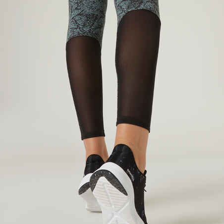 Stretchy High-Waisted Cotton Fitness Leggings with Mesh - Green Print