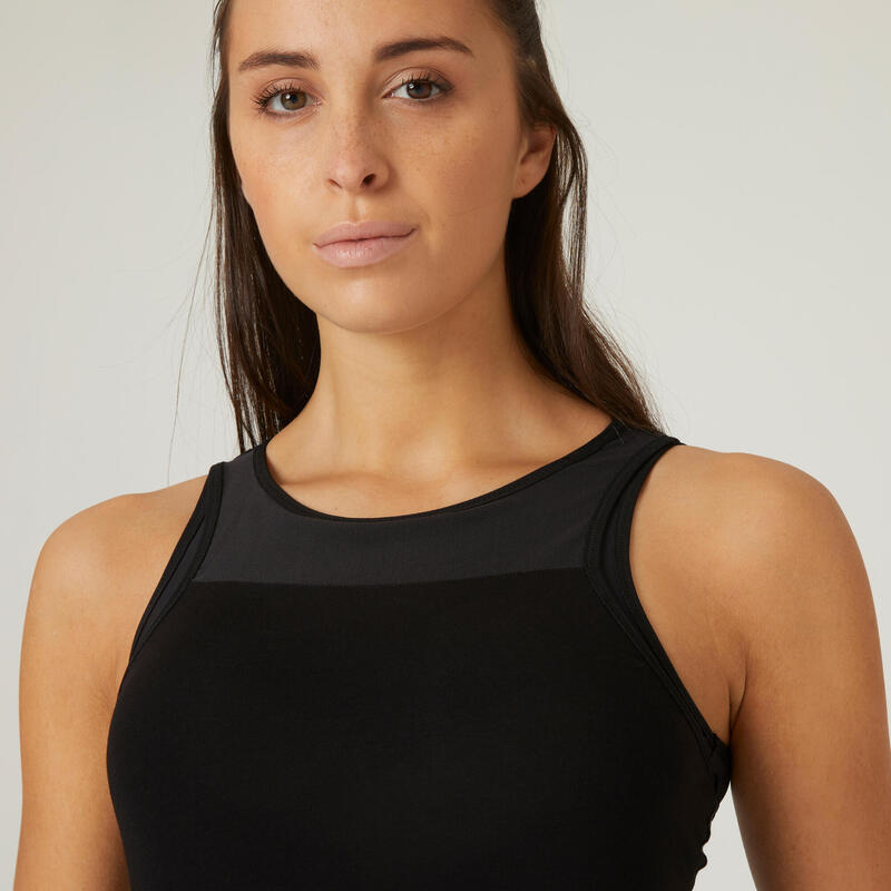 Top Slim 900 Fitness Rundhals Baumwolle integriertes Bustier Damen schwarz 
