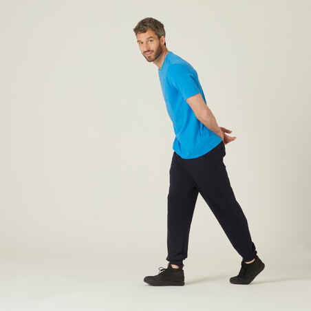 Men's Straight-Cut Cotton-Rich Jogging Fitness Bottoms 500 - Navy Blue