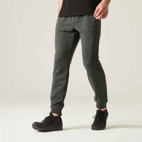 Men's Straight-Cut Cotton-Rich Jogging Fitness Bottoms 500 - Dark Grey