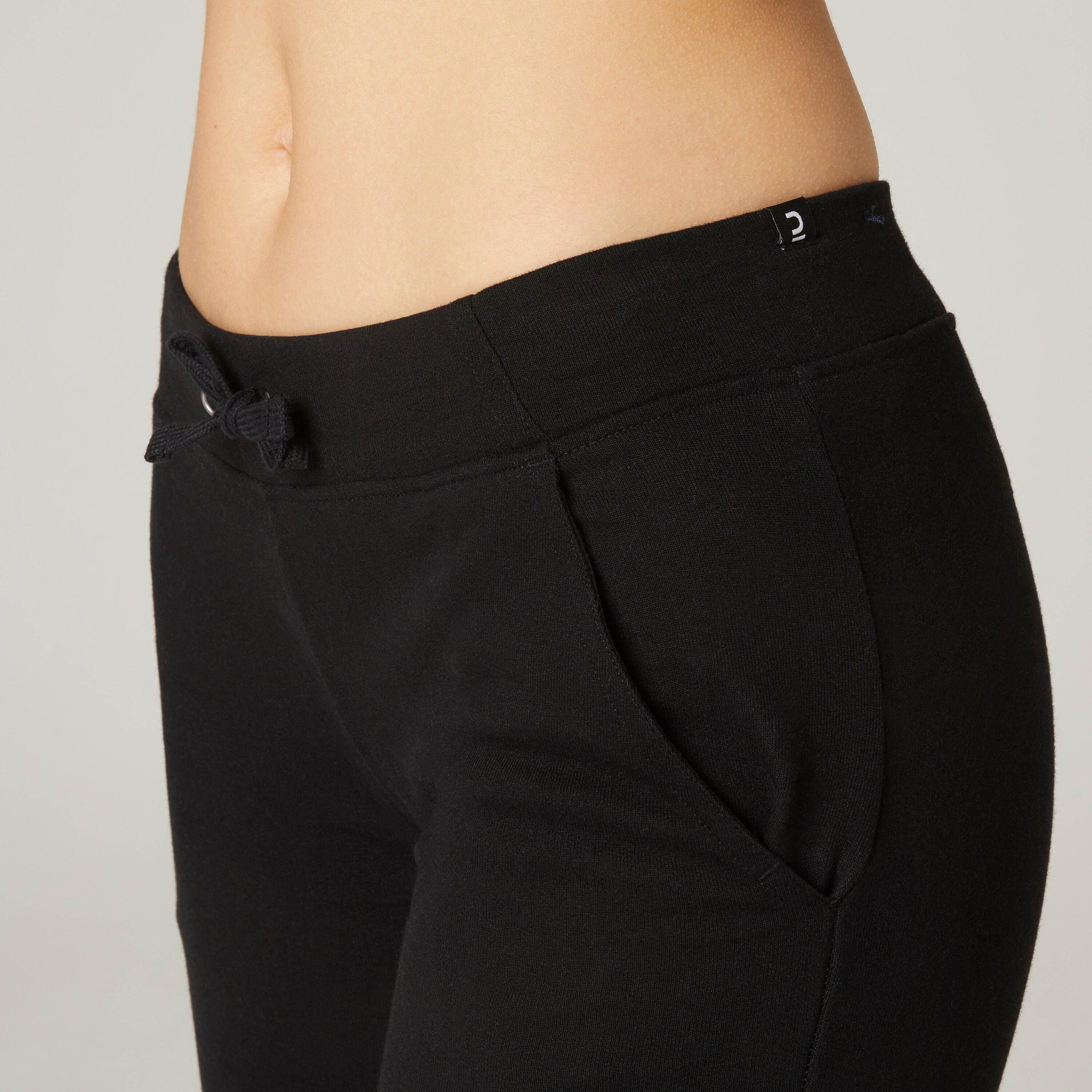 Women's Straight-Cut Cotton Jogging Fitness Bottoms With Pocket 500 - Black 4/5