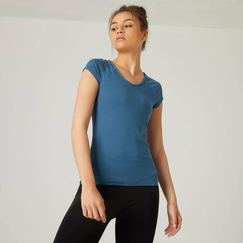 Camiseta fitness manga corta cuello pico algodón extensible slim Mujer turquesa