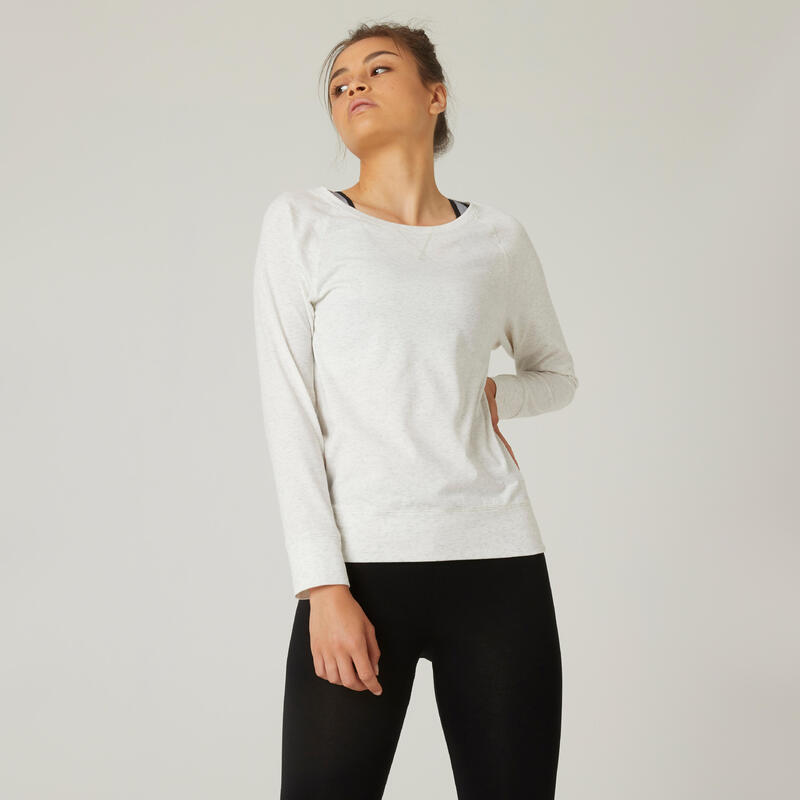 Women's Long-Sleeved Straight-Cut Crew Neck Cotton Fitness T-Shirt 500 - Off-White