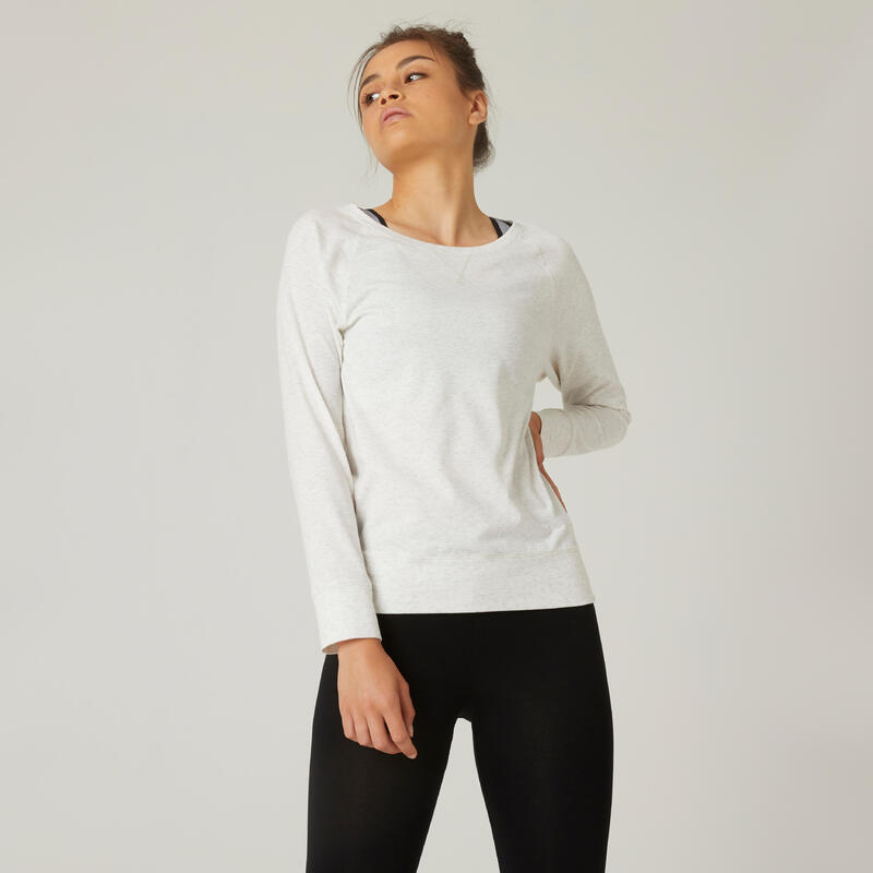 T-shirt fitness manches longues droit coton extensible col rond femme blanc