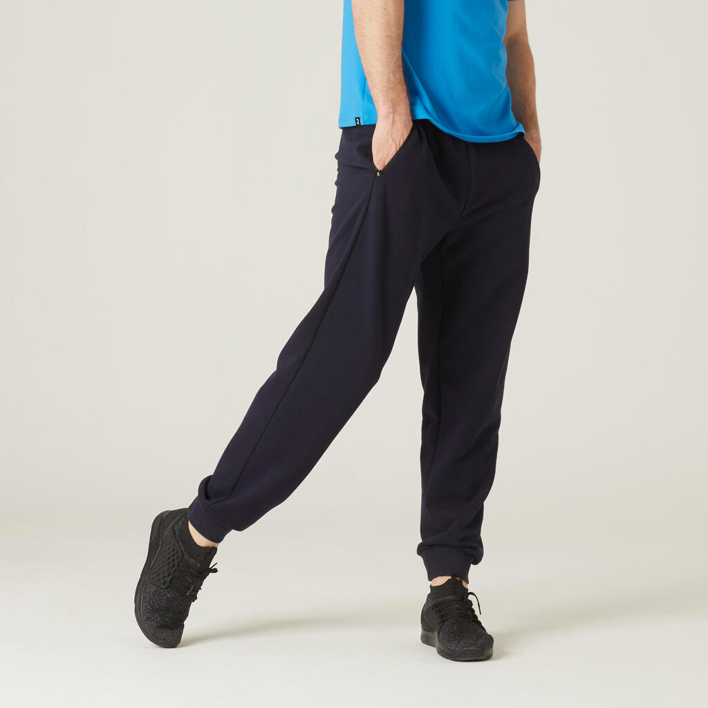 Men's Straight-Cut Cotton-Rich Jogging Fitness Bottoms 500 - Navy Blue