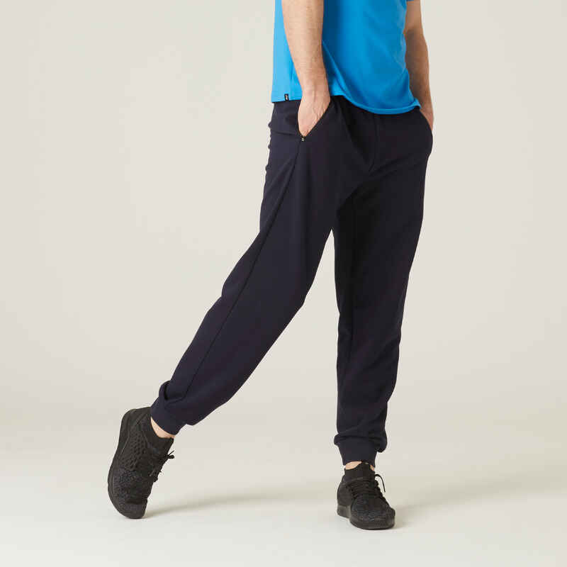 Men's Straight-Cut Cotton-Rich Jogging Fitness Bottoms 500 - Navy Blue