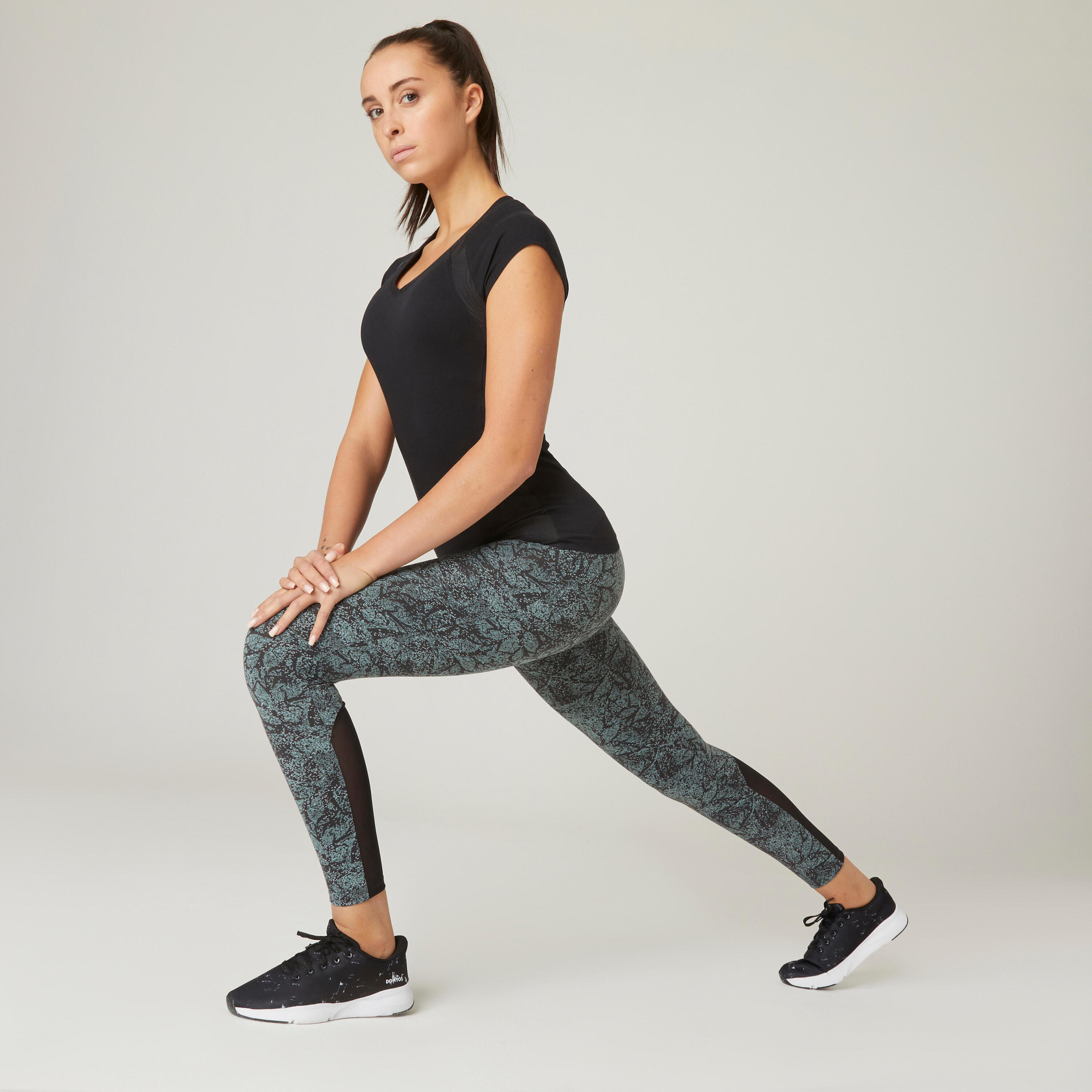 Stretchy High-Waisted Cotton Fitness Leggings with Mesh - Green Print 3/8