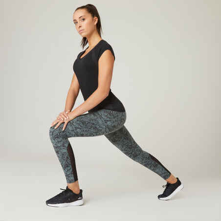 Stretchy High-Waisted Cotton Fitness Leggings with Mesh - Green Print